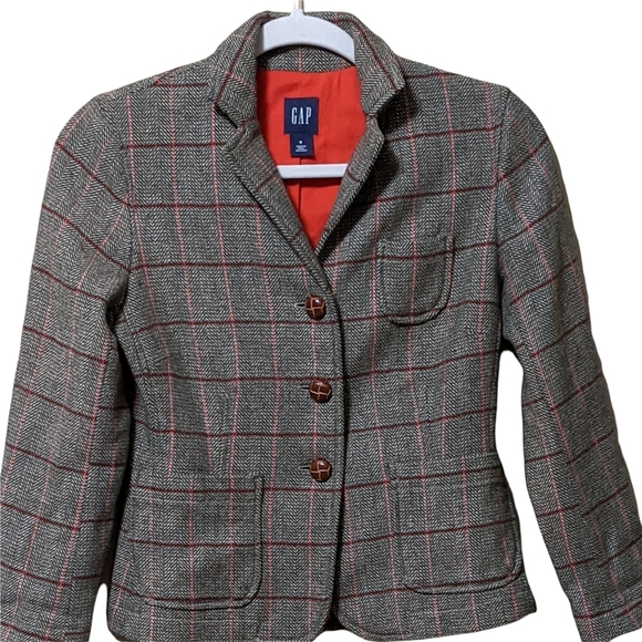 Gap wool blend plaid blazer faux leather wrap button lined preppy busine… - Picture 1 of 12